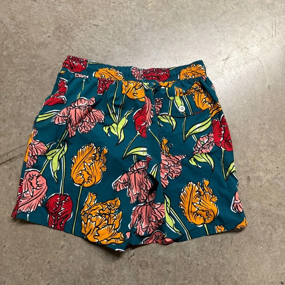 George Mens Swim Trunks Green Floral Tulip Print Mesh Lined Size Medium 32-34‎